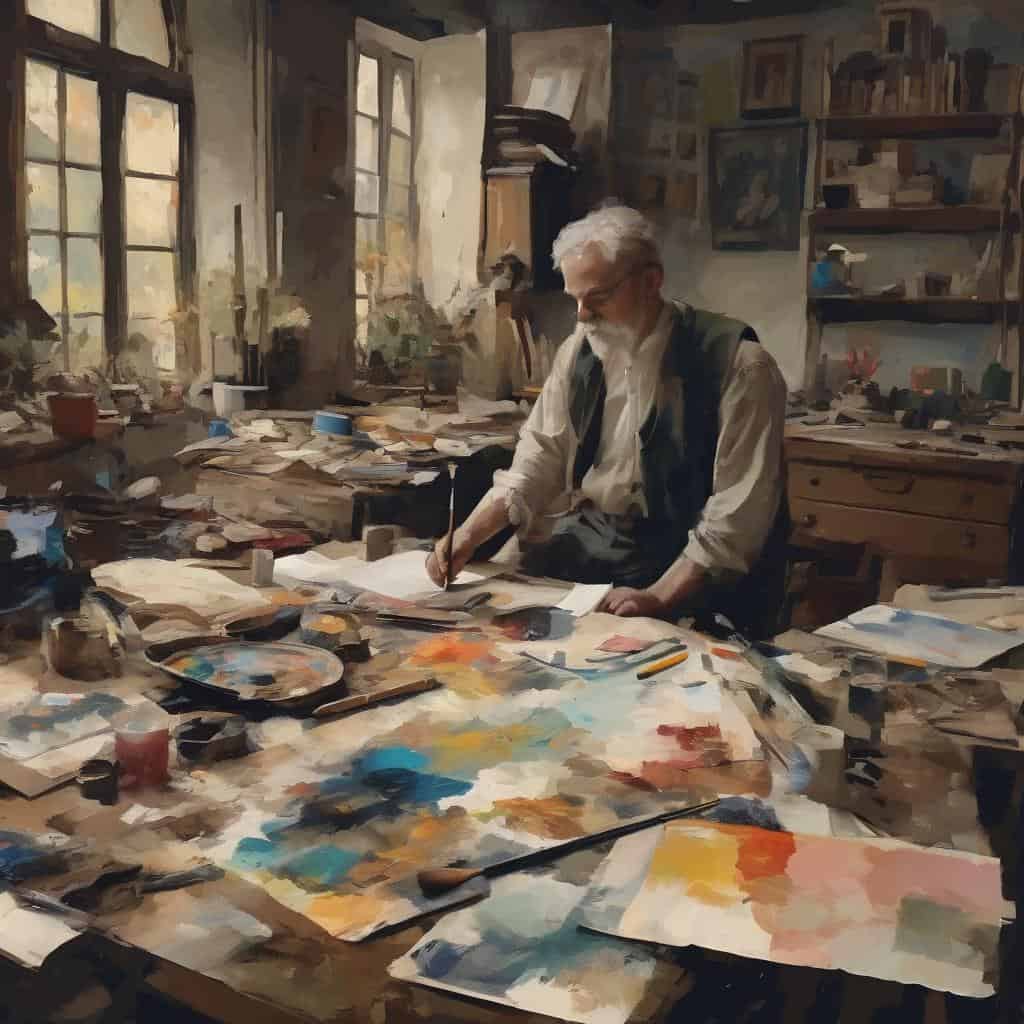 Ζωγράφος σε στούντιο με πολύχρωμα έργα τέχνης και καμβάδες, αναδεικνύοντας τον ρόλο της τέχνης στην πολιτική κοινωνία.