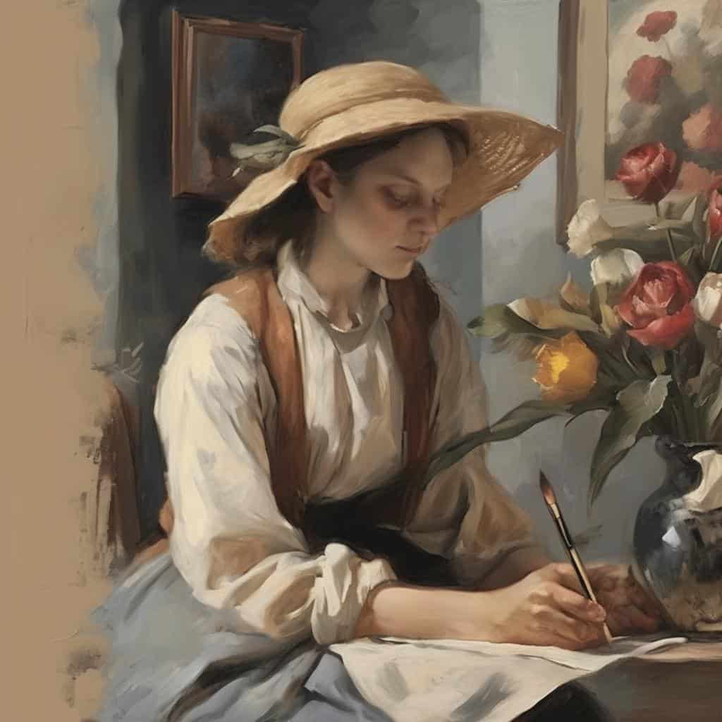 Φωτογραφία της νεαρής γυναίκας ζωγραφισμένης με ρεαλιστικό στυλ, φοράει καπέλο και γράφει με πινέλο σε χειρόγραφό της, δίπλα σε μπουκέτο λουλουδιών.
