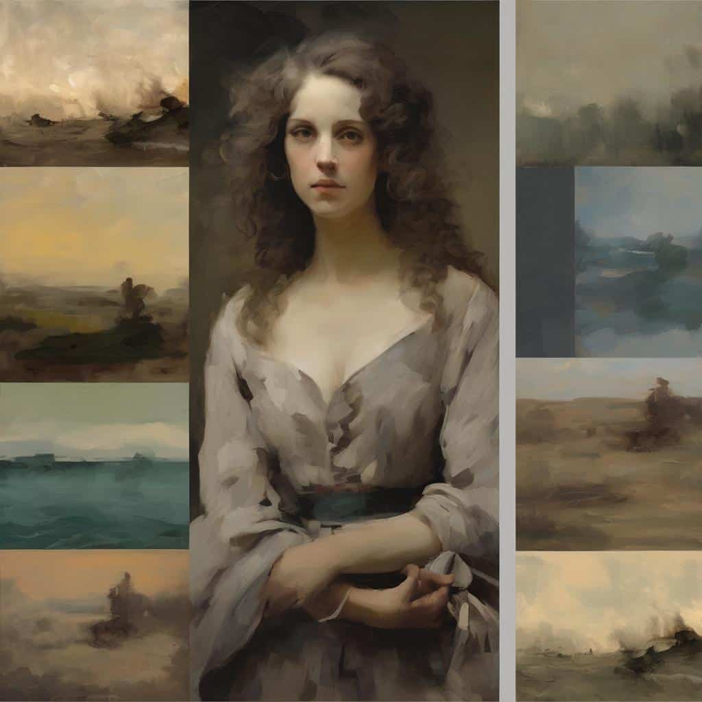 Χαρακτηριστικό πορτρέτο γυναίκας δίπλα σε έργα τέχνης με θέμα την πολιτική κοινωνία.